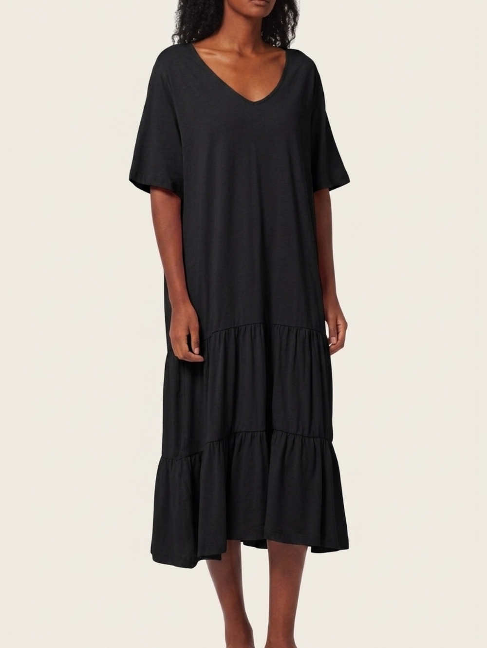 Black V-Neck Tiered Midi Dress - Women